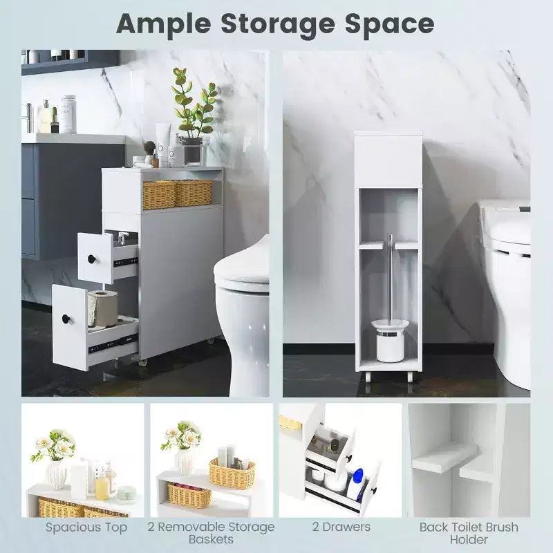 Movable Bathroom Storage Cabinet Narrow Toilet Side Paper Holder w/ 2 Drawers