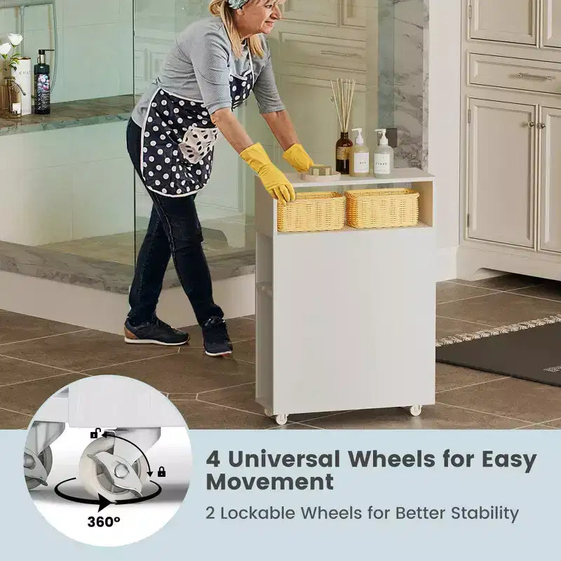 Movable Bathroom Storage Cabinet Narrow Toilet Side Paper Holder w/ 2 Drawers