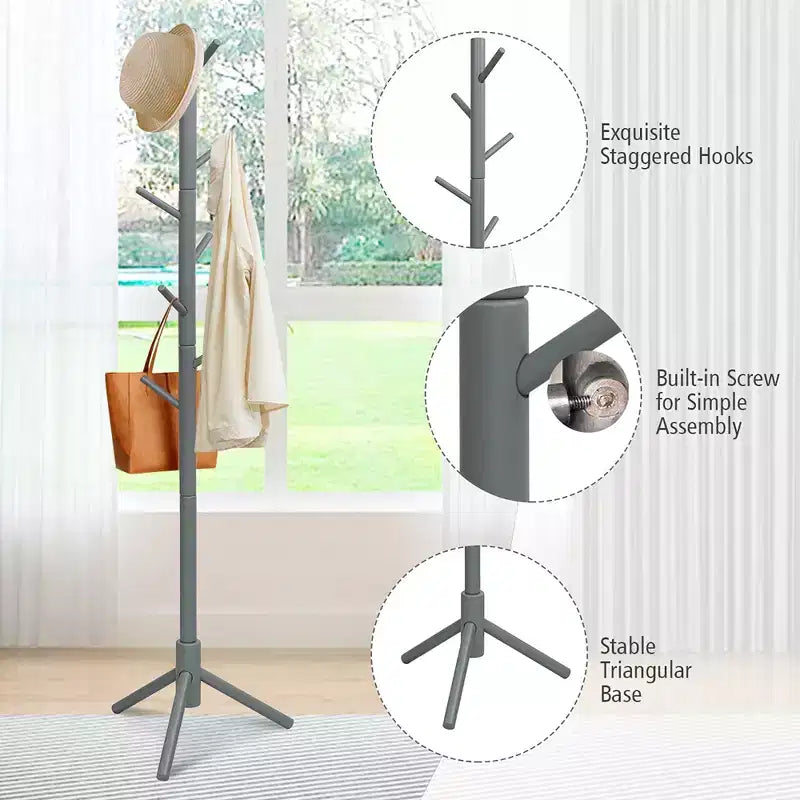 Wooden Coat Rack Stand Hall Tree Entryway Organizer 2 Heights w/ 8 Hooks Grey\Walnut