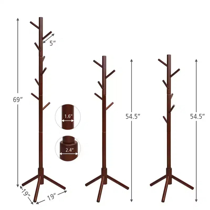 Wooden Coat Rack Stand Hall Tree Entryway Organizer 2 Heights w/ 8 Hooks Grey\Walnut