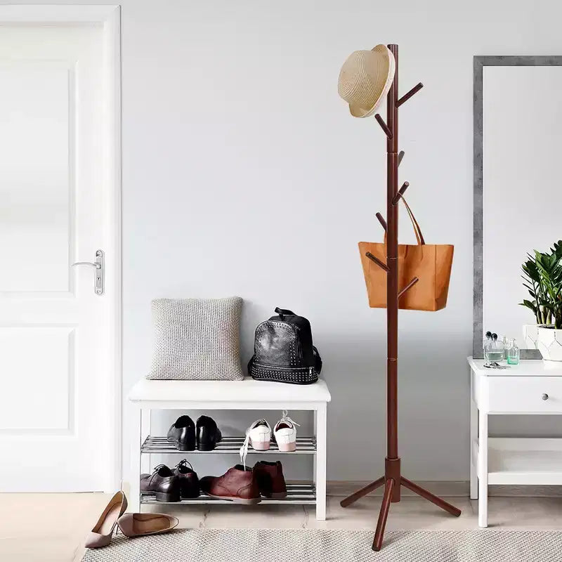 Wooden Coat Rack Stand Hall Tree Entryway Organizer 2 Heights w/ 8 Hooks Grey\Walnut
