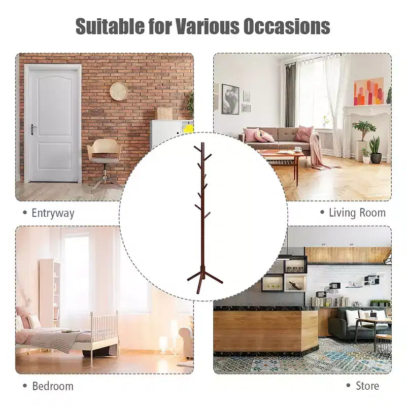 Wooden Coat Rack Stand Hall Tree Entryway Organizer 2 Heights w/ 8 Hooks Grey\Walnut
