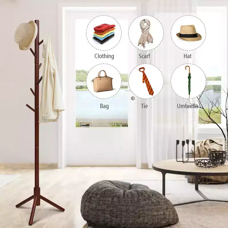 Wooden Coat Rack Stand Hall Tree Entryway Organizer 2 Heights w/ 8 Hooks Grey\Walnut