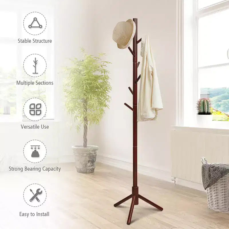 Wooden Coat Rack Stand Hall Tree Entryway Organizer 2 Heights w/ 8 Hooks Grey\Walnut