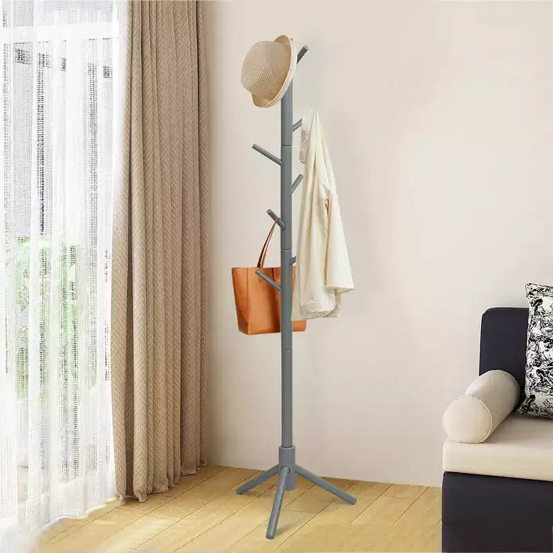 Wooden Coat Rack Stand Hall Tree Entryway Organizer 2 Heights w/ 8 Hooks Grey\Walnut