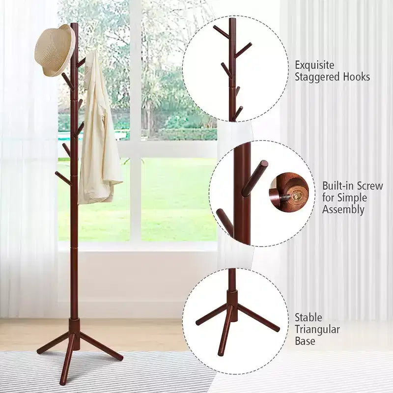 Wooden Coat Rack Stand Hall Tree Entryway Organizer 2 Heights w/ 8 Hooks Grey\Walnut