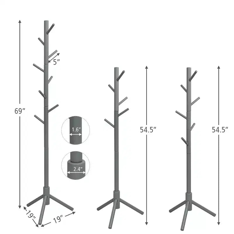 Wooden Coat Rack Stand Hall Tree Entryway Organizer 2 Heights w/ 8 Hooks Grey\Walnut