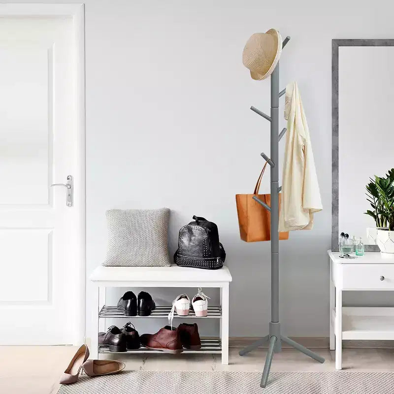 Wooden Coat Rack Stand Hall Tree Entryway Organizer 2 Heights w/ 8 Hooks Grey\Walnut