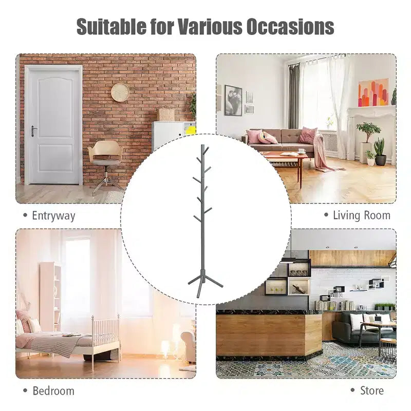 Wooden Coat Rack Stand Hall Tree Entryway Organizer 2 Heights w/ 8 Hooks Grey\Walnut
