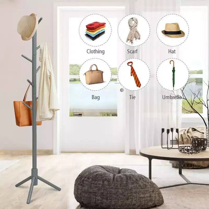 Wooden Coat Rack Stand Hall Tree Entryway Organizer 2 Heights w/ 8 Hooks Grey\Walnut