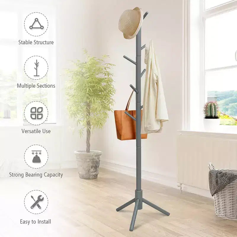 Wooden Coat Rack Stand Hall Tree Entryway Organizer 2 Heights w/ 8 Hooks Grey\Walnut