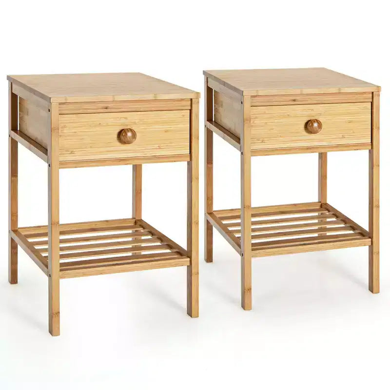 Costway 2PCS Bamboo Nightstand Natural Side End Table w/Drawer for Living Room Bedroom