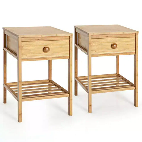 Costway 2PCS Bamboo Nightstand Natural Side End Table w/Drawer for Living Room Bedroom