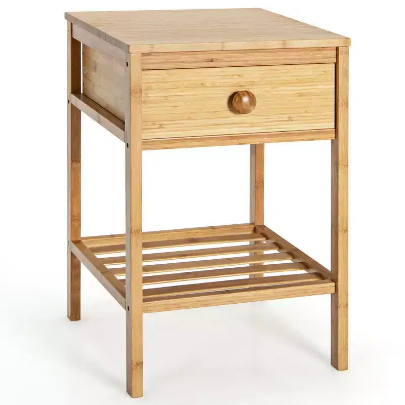 2PCS Bamboo Nightstand Natural Side End Table w/Drawer for Living Room Bedroom