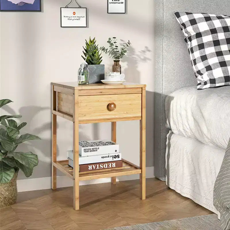 2PCS Bamboo Nightstand Natural Side End Table w/Drawer for Living Room Bedroom