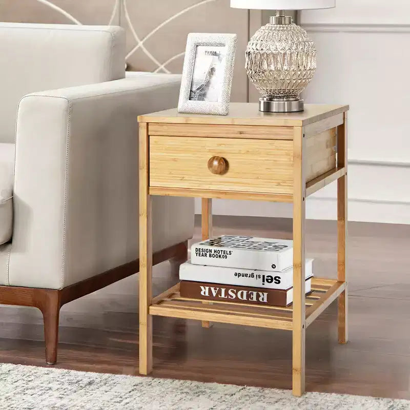 2PCS Bamboo Nightstand Natural Side End Table w/Drawer for Living Room Bedroom