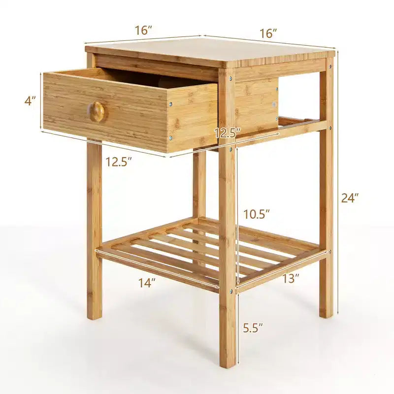2PCS Bamboo Nightstand Natural Side End Table w/Drawer for Living Room Bedroom