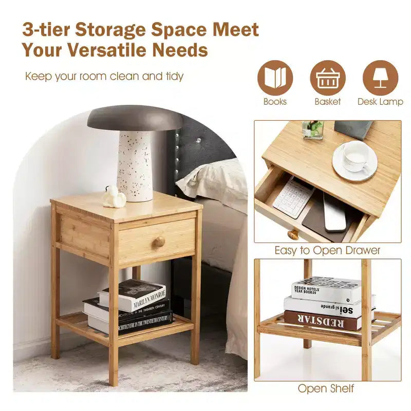 2PCS Bamboo Nightstand Natural Side End Table w/Drawer for Living Room Bedroom
