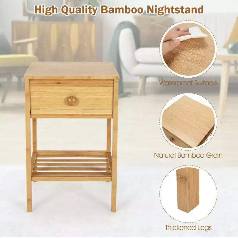 2PCS Bamboo Nightstand Natural Side End Table w/Drawer for Living Room Bedroom