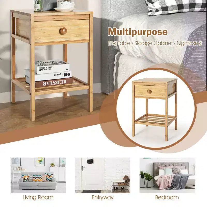 2PCS Bamboo Nightstand Natural Side End Table w/Drawer for Living Room Bedroom