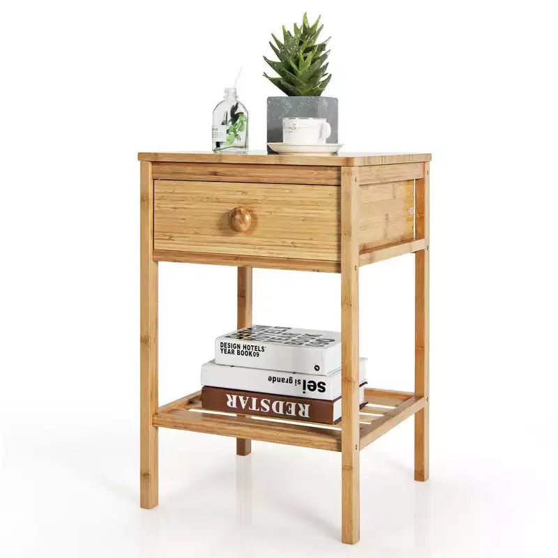 2PCS Bamboo Nightstand Natural Side End Table w/Drawer for Living Room Bedroom